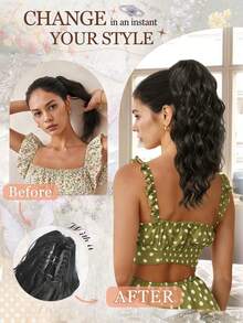 18英寸多层马尾辫接发，爪夹式马尾辫，蓬松浓密水波纹假发，柔软自然，适合女性（黑色/棕色）接发 - Black-brown - 查看 5