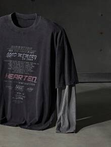 Men Knit Casual Loose Fit Letter Graphic Color Block Urban Long Sleeve T-Shirt With English Graphic Print Patchwork Design, Back To School, Summer - Black - View 4