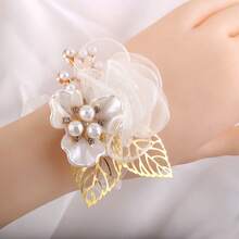 2 piezas Conjunto de Corsage de Muñeca + Broche, Mujer Elegante Organza Rosa Dorado Hoja Falsa Rosa Corsage de Muñeca y Broche, Novia Novio Dama de Honor Padrino Decoración de Boda, Fiesta Baile Accesorios