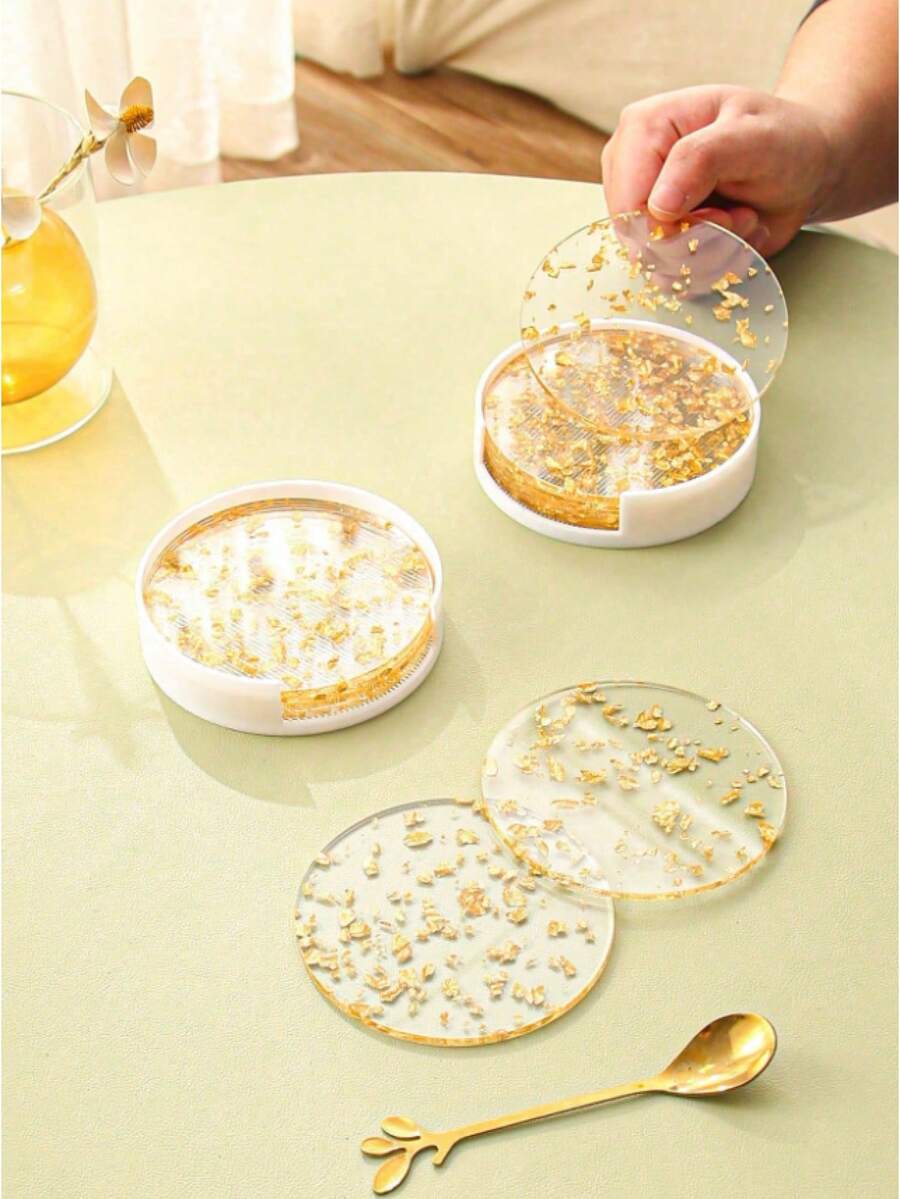 Bộ 4/6/7 miếng lót đĩa Acrylic chịu nhiệt mạ vàng/bạc, thích hợp cho nhà bếp, cốc, bình hoa, đồ trang trí bàn tối giản cho ngoài trời, tiệc tùng, sinh nhật, đám cưới, quà tặng - Nhiều màu - Xem 1