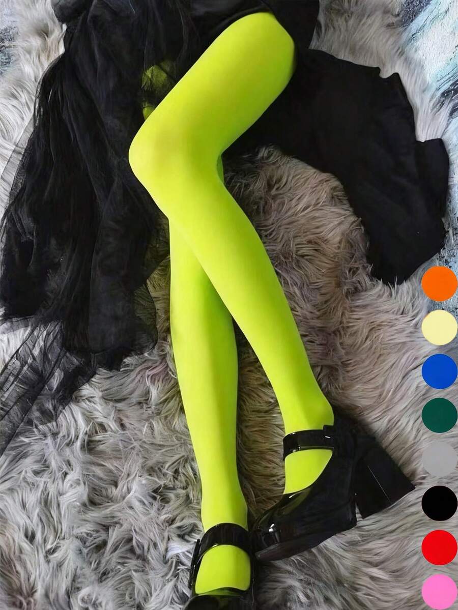 Women's Neon Lime Soft Opaque Tights For Autumn/Winter Street Style, Cozy