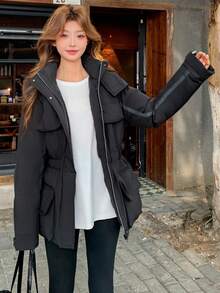 Chaqueta de mujer de estilo casual y sencillo para la calle, con cintura ceñida, de unicolor, con bolsillos con cremallera, ropa de exterior de algodón, con vibra de vacaciones, nueva llegada de invierno