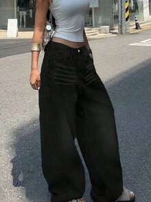 Teen Girls' Fashionable Loose Fit Pocket Flare Leg Jeans - màu đen - Xem 5