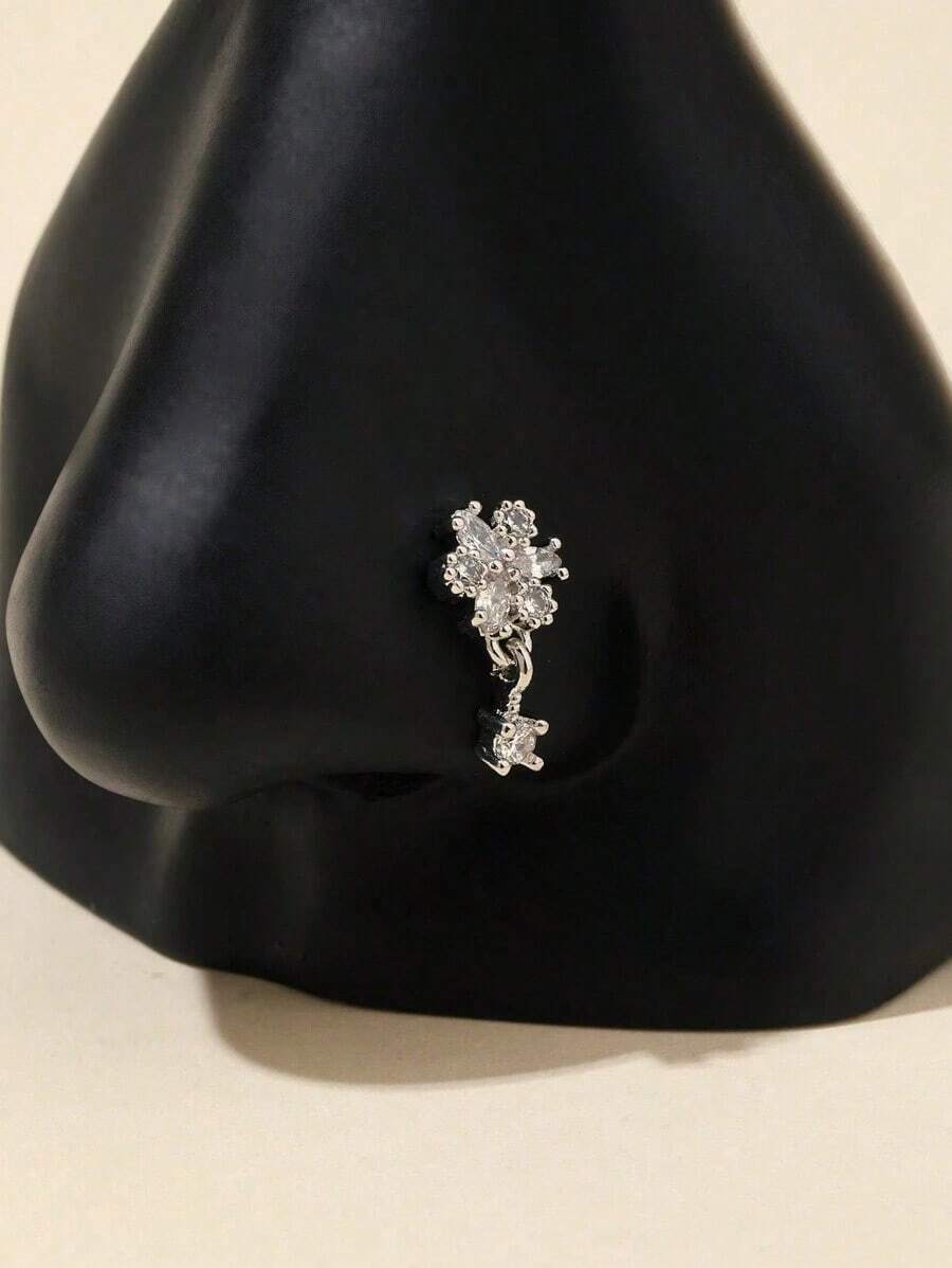 1pc L-Shaped Silver Color Inlaid Flower Pendant Nose Ring Valentine's Day Gift - 銀色 - 查看 1