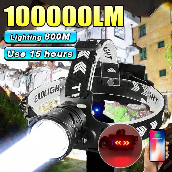 100000LM XHP90 LED Powerful Headlamp Super Bright Camping Head Flashlight Rechargeable Led Headlight Waterproof Headlamp Use 15h Hunting Lantern