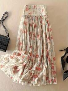 女士优雅双层网纱印花金箔波西米亚风百褶裙，适合海滩、度假、四季穿着，春季皆宜 - 杏色 - 查看 1