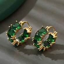 1 Pair Square Green Synthetic Zirconia Women's Hoop Earrings, Suitable For Christmas, Valentine's Day, Parties, Daily Wear, All Seasons