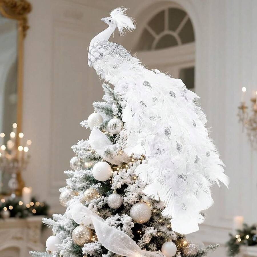 15 Inch Christmas Peacock Tree Topper Christmas Ornaments Artificial Feather Glitter White Peacock Xmas Decorations For Xmas Wedding Party Tree DecorHalloween Christmas New Year - trắng - Xem 1