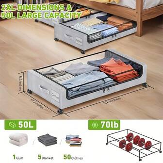 Wheeled Under-Bed Storage Box, - Super Large Capacity 15.85-Gallon Transparent Lid Metal Drawer, Clothes Organization And Storage, Storage, Modern Oxford Cloth Storage Box, Suitable For Clothes, Shoes, Toys, Multi-Functional Rolling Storage