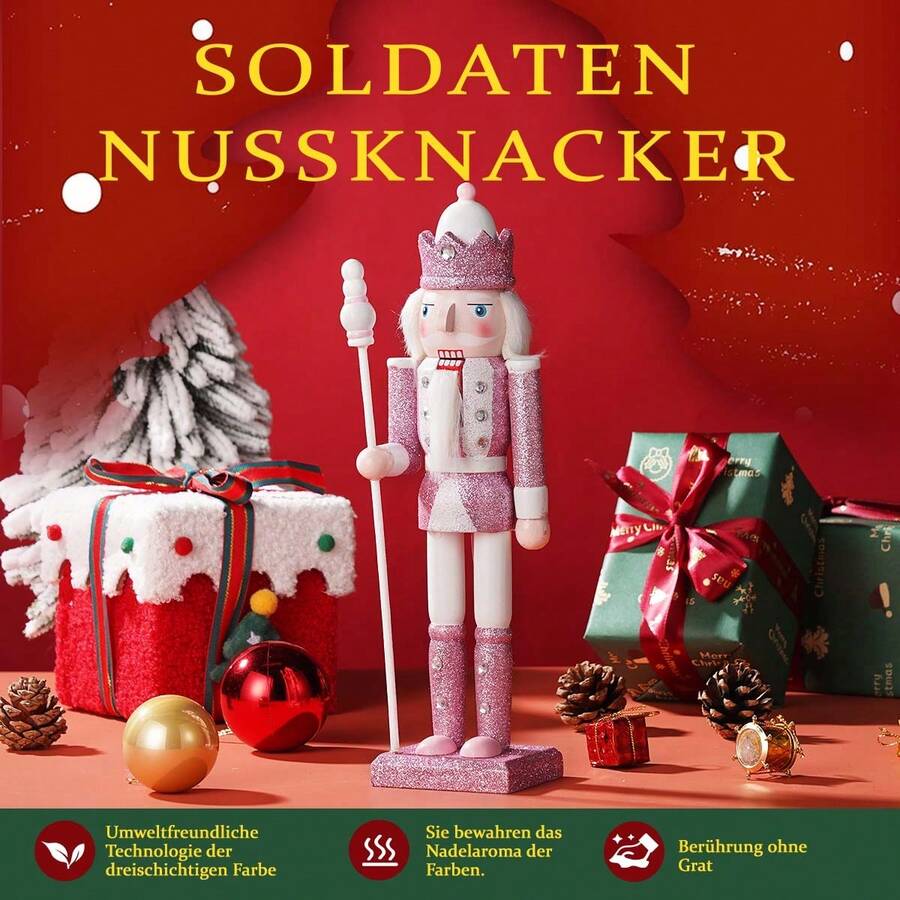 30cm Holzer Nussknacker Soldat Figur Puppe Rosa Glitzer Soldat Puppe Handwerk Ornament Weihnachts Haus Büro Dekoration