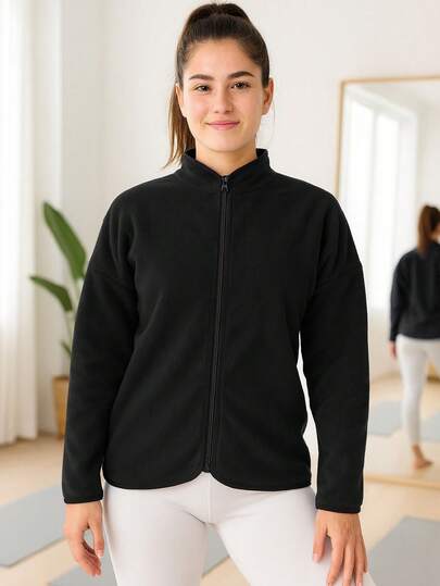 Jaqueta feminina de lã com gola alta e zíper - Blusa de inverno quente de manga comprida para esqui, deslocamento diário, passeios casuais e uso diário com bainha curva e design clean