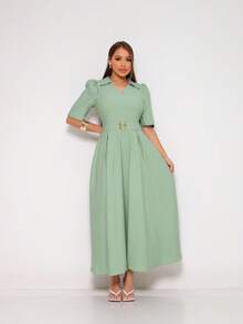 Women's Midi Dress With V-Neckline, 3/4 Sleeves, White Thread Detail On The Bust And Belt With Buckle In Sensory Fabric, Elegant Fashion - Màu xanh Bạc hà - Xem 2