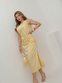 Midi Dress With No Sleeves/ Lined/ Side Pleat/ With Side Slit 231 - Màu vàng - Xem 2