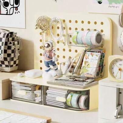 Organizador de Mesa com Gavetas e Painel Decorativo | Prateleiras e Ganchos Encaixáveis