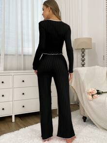 2 piezas Conjunto de pijama casual cómodo de unicolor con cuello en V con lazo, de manga larga con top y pantalones, adecuado para otoño/invierno, regalo del Día de San Valentín - Negro - Ver 6