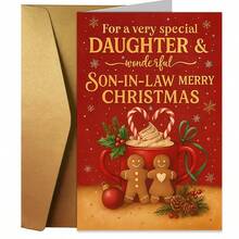 1 Peça Cartão de Natal para Filha e Genro - Design de Família de Pão de Gengibre Vermelho e Dourado com Recortes de Coração, Lembrança Festiva de Férias para Pais, Presente para Sogros, Cartão de Papel Fácil de Enviar para Comemorações Familiares - Multicolorido - Visão 5