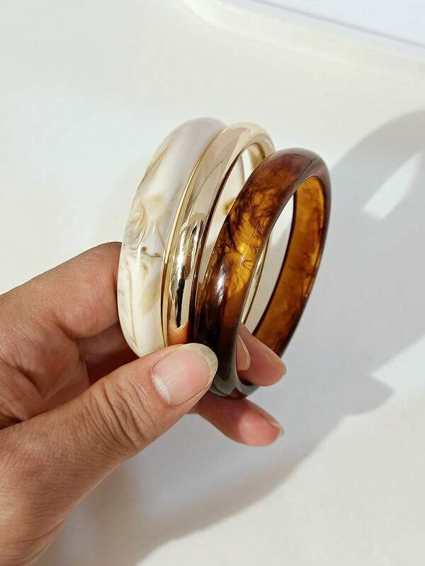 LADYCOCO 3pcs Vintage Thick Multi-Layer Brown & Beige Acrylic Resin Bracelet, For Women & Couples, Suitable For Party & Daily Wear (The Photographed Image And The Actual Item May Have Slight Differences)