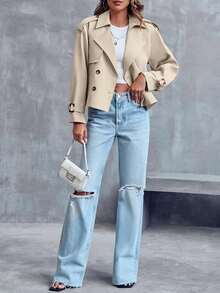 Women Cropped Jacket Double Breasted Trench Coat Raglan Sleeve Work Office Coat With Pockets - Light Khaki - View 4