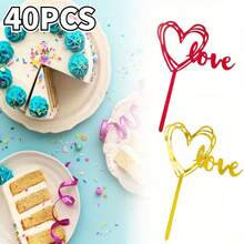 10/50pcs/Set Heart Flag Cake Toppers, Acrylic Letter Cake Flags In Gold & Silver, Cake Decorations For Birthday Party, Wedding, Valentine''s Day, Disposable Party Supplies - Multicolor - View 1