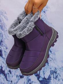 Winter New Plus Size 36-43 Men & Women Plush Thick Warm Shoes, Anti-Slip Durable High-Top Leather Waterproof Fashion Thick-Sole Wedge Flat Snow Boots - Purple - View 3