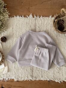 2pcs/Set Baby Boy Clothes Neutral Moon Embroidery Casual Grey Long Sleeve Sweatshirt And Pants, Spring/Autumn