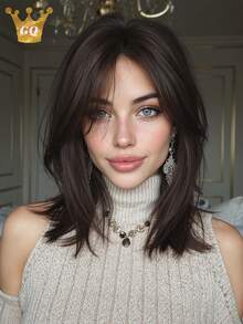 14 Inch Deep Brown Layered Bob Wig, French Eight-Shaped Bangs Face-Framing, Smooth Straight Short Hair, High-Temperature Synthetic Fiber, Versatile For Daily Commute, Workplace, Dating, Breathable Adjustable Mesh Cap - 黑棕色 - 查看 12