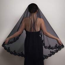 1 Pc Black Lace Hijab Veil Wedding Bride Blusher Veil  Us In Stock   Fast Delivery BV65 - 黑色 - 查看 6