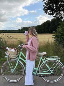 Sookaug Fashion Versatile Autumn/Winter Premium Knit Cardigan Sweater Jacket For Women, Loose Casual Top, Women's Pink Ribbed Knit Cardigan, Autumn Long Sleeve Round Neck Knit Sweater, Regular Length Slightly Elastic, Autumn Outfit Essential - Pink - View 1
