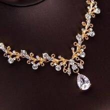 3件套新娘耳环项链套装，婚礼装饰，新娘配饰，高端闪亮派对装扮情人节配饰 - 白鑽金色 - 查看 4