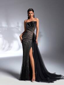 IBTRLY Elegante y lujoso vestido de gala con bordado de lentejuelas, sin tirantes, con abertura lateral, drapeado de malla fluida para fiestas, bodas, bailes de graduación, alfombra roja - Negro - Ver 7