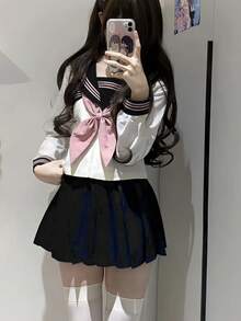 1 قطعة بدلة بحرية ذات 3 قطع بأكمام طويلة بطراز مدرسي ياباني كاواييي لفصلي الربيع والخريف، باللون الأزرق الكحلي والوردي، مناسبة للعب الأدوار المدرسية والتخرج والكوسبلاي والمناسبات الرومانسية كعشاء عيد الحب وتناول الشاي بعد الظهر - متعدد الألوان - مشاهدة 2