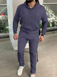 Bộ đồ nam thường ngày 2 món - Áo hoodie và quần ống rộng màu trơn mềm mại, thoáng khí, trang phục thể thao thoải mái phù hợp cho các hoạt động hàng ngày và mặc vào mùa thu. - Màu tím hoa cà - Xem 2