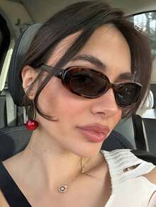 1 Pair Classic Small Frame Oval Fashionable , Retro Street Style Versatile Glasses For Women - Chip màu xám da báo - Xem 2