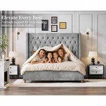 Luxury Velvet Wingback Bed Frame With 61.4" Tall Button Tufted Headboard - Platform, Solid Wood Legs, Modern Glam, Grey - Xám - Xem 5