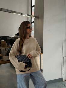 FOR BEAUTY Autumn/Winter Y2K Women's Solid Color Round Neck Long Sleeve Knit Pullover, Loose Fit Casual Fashion Commute Daily Wear Top - Light-flowered Apricot - View 6
