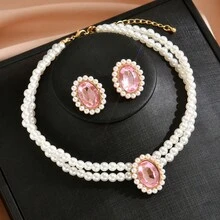 1 Bộ trang sức kiểu Châu Âu hai lớp bằng ngọc trai giả, gồm bông tai đính đá Emerald và dây chuyền ôm sát cổ, trang sức cưới cổ điển thanh lịch, phụ kiện ngày Valentine. - Hồng - Xem 5
