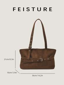 1pc FEISTURE Faux Suede Large Capacity Belt Buckle Shoulder Bag, Fashion Tote Bag, Zipper Closure, Suitable For Daily Outing, Dating, Commuting