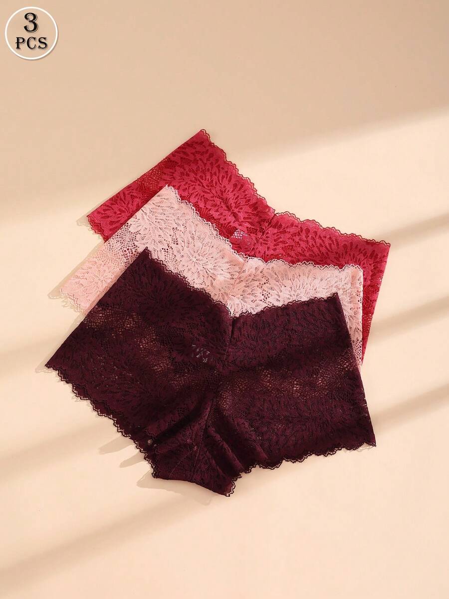 3 件性感蕾丝女式平角短裤性感柔软透气无缝内裤镂空弹力隐形比基尼内衣套装日常穿着、运动、瑜伽和贴身内裤