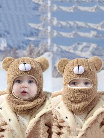 1 件装幼儿男童熊耳连帽帽，保暖内衬，婴儿帽带围巾，拉法帽，针织帽，保暖帽
