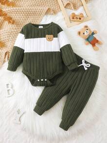 2 Stück Baby Langarm Fleece Outfit mit süßem Bären Design, super weich, dehnbar, minimalistisch & bequem, Baby Jungen Set