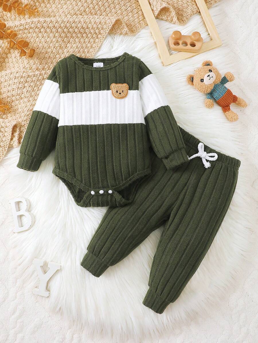 2 Stück Baby Langarm Fleece Outfit mit süßem Bären Design, super weich, dehnbar, minimalistisch & bequem, Baby Jungen Set