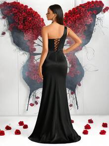 Elisanya Vestido elegante com strass, cintura alta, franzido, fenda nas costas, sem amarração, adequado para baile de formatura, festa, aniversário, encontro romântico, baile de formatura, convidada de casamento, jantar formal - Preto - Ver 2