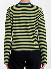 Women Striped Long Sleeve Baggy T Shirts Y2k Vintage Stripes Oversized Boxy Tees Cropped Tops Lionesss Stripped Sweatshirt Fall Preppy Teen Girl Clothes - 藏蓝色 - 查看 7