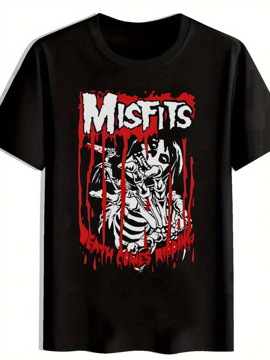 Men'S Black Misfits Graphic T-Shirt - Vintage Rock Band Design, Short Sleeve, Round Neck, Casual Summer Tee For Music Fans, Beach, Holiday, And Gift, Music Fan Apparel  Vintage Rock Design  Lightweight Tee, Rock T Shirt - 黑色 - 查看 1