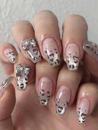 24 件法式豹纹渐变指甲按压猫眼闪光按压指甲金属蝴蝶结装饰假指甲指甲艺术棺材形状假指甲美甲套装包括 1 张粘合标签和 1 个迷你锉刀，非常适合日常佩戴