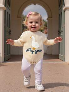 Newborn Infant Cute Goose Letter Embroidery  Romper Jumpsuit Baby Knitted Sweater Long Sleeve Round Neck Rompers Newborn Girl Boy Goose Funny Romper Reveal Pregnancy Announcement Clothes - 米色 - 查看 8
