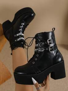 European And American Style Women's Thick Heel Platform Short Boots, Waterproof Mid-Calf Boots, Autumn/Winter New Lace-Up Boots, White Fashionable Boots, Black High Heel Boots, Western Style Boots