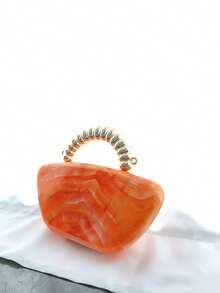 1 件橙色大理石纹理电镀手柄手拿包，适合正式活动的斜挎包，高端金属链条肩带，时尚派对手提包 - 橘色 - 查看 3