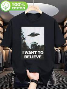 Camiseta gráfica de OVNI para hombres "Quiero Creer" - 100% algodón, camiseta casual de manga corta, diseño audaz y divertido, ajuste cómodo para todas las estaciones, lavable a máquina, cuello redondo para senderismo al aire  atuendo casual, equipo de senderismo, camiseta de ajuste relajado, tela transpirable, camiseta estampada, ropa para parejas - Negro - Ver 2