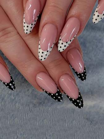 Add A Touch Of Romance With 24pcs Medium Almond Shape Press On False Nails Retro Elegance Black-And-White French Polka Dot Nail Art Classic Minimalist Hepburn-Style Black-And-White French Polka Dots Full Coverage Fake Nail Kit For Women And Girls Includes 1sheet Adhesive Tabs & 1pc Mini File Strip Jelly Gel Random Shipment
